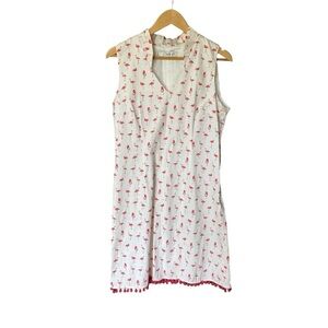 Chetta B Pink Flamingo Print Dress Sz 10 Pom Poms Sleeveless Beachy Cocktail